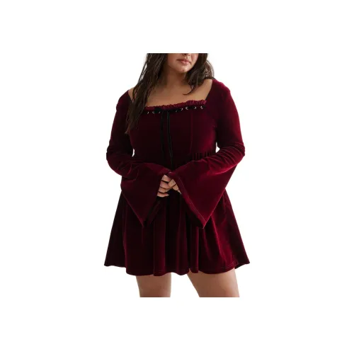 NASTY GAL Плюс Бархатная лента Комбинированный Длинный рукав Корсет Мини Платье Длинное рукавное платье Женское Бордовый