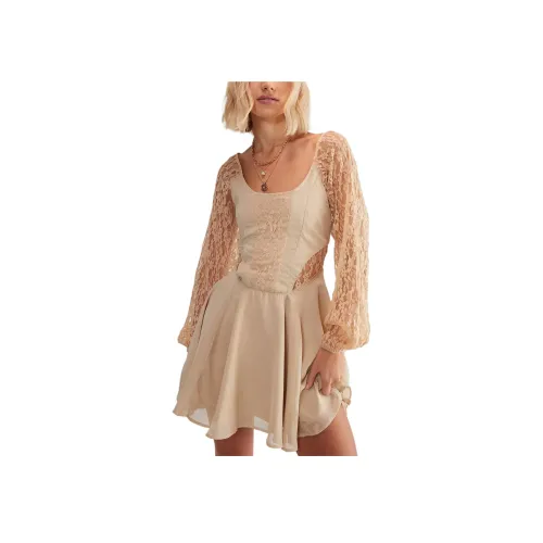 NASTY GAL Кружево Вкладыш Skater Мини Платье Длинный Рукав Платье Женские Нюдовый