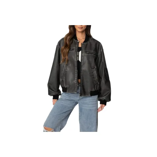 Edikted VAVA Washed Faux Leather Bomber Jacket Women's