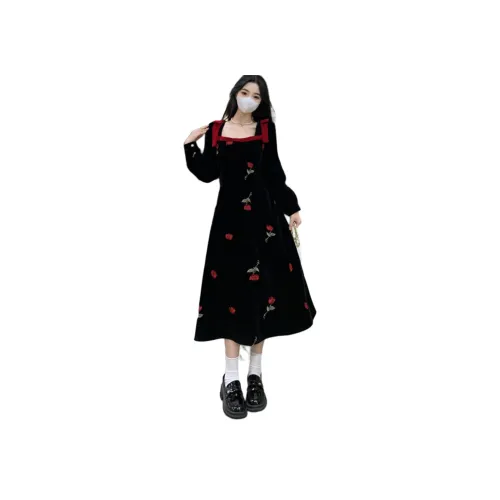 GULIANFEI Длинное платье с длинными рукавами женское черное