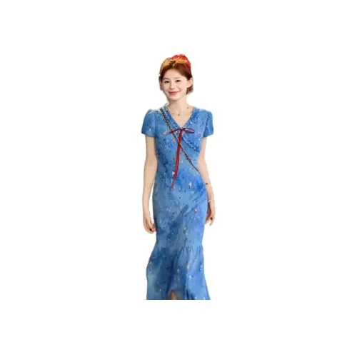 YINLEI Blue Женские Платья с коротким рукавом