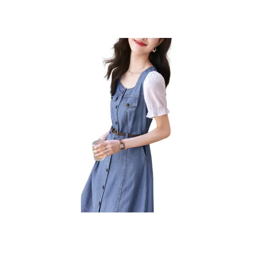 Mo Han Yi Mei Короткий рукав Платье Женское Джинсовый синий Trim Rice