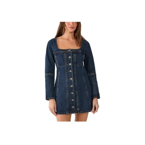 NASTY GAL Пуговица Through Long Sleeve Деним CORSET Мини Платье Длинный Sleeved Платье Женские