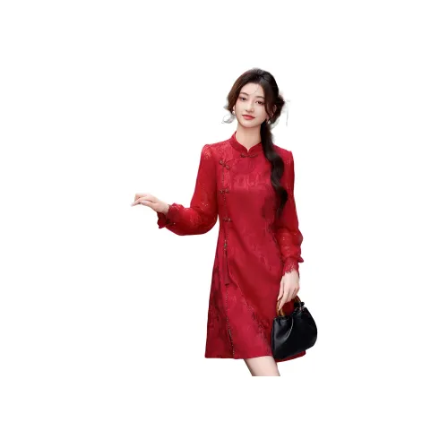 Like The Age Of Water Длинное Платье с Длинными Рукавами Свободного Кроя Женское Красное