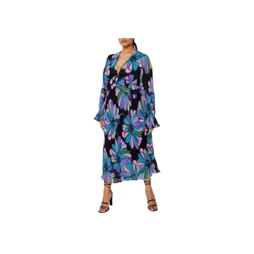 NASTY GAL Plus Size Floral Pleated Maxi Dress Long Sleeved Dress Women's Black