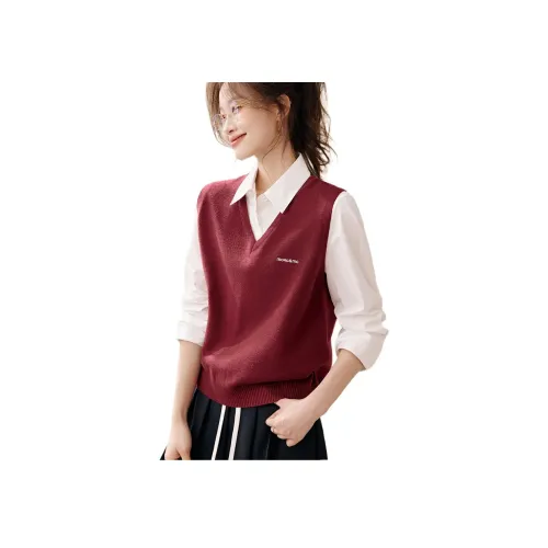 Mo Han Yi Mei Бордовый V-образный вырез Женские жилеты