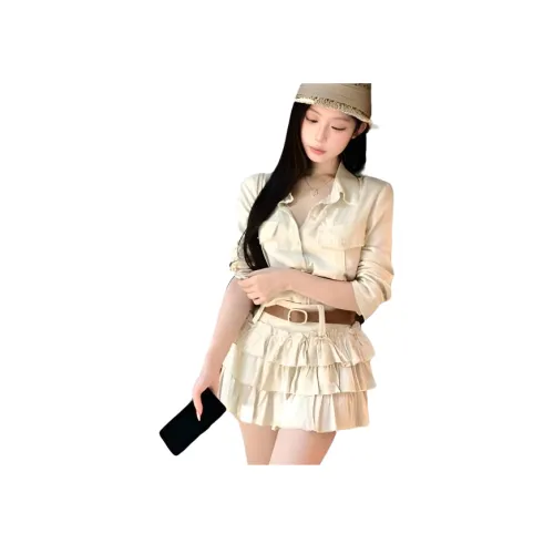 MISSHONEY MH Бежевый Комплект с Юбкой Рубашка + Короткая Юбка + Ремень Женские Юбочные Комплекты