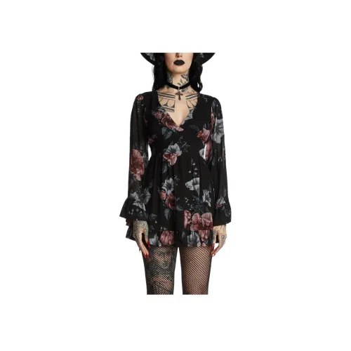 Dolls Kill Widow Dreams UNWIND Колокольчик Рукав Платье Длинный Sleeved Платье Женские Цветочный Многоцветный