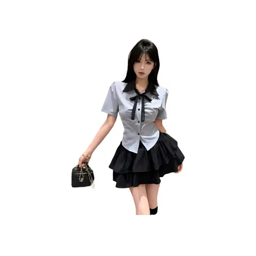 Garbege Комплект с юбкой Женская Синяя Рубашка с бабочкой + Черная Юбка