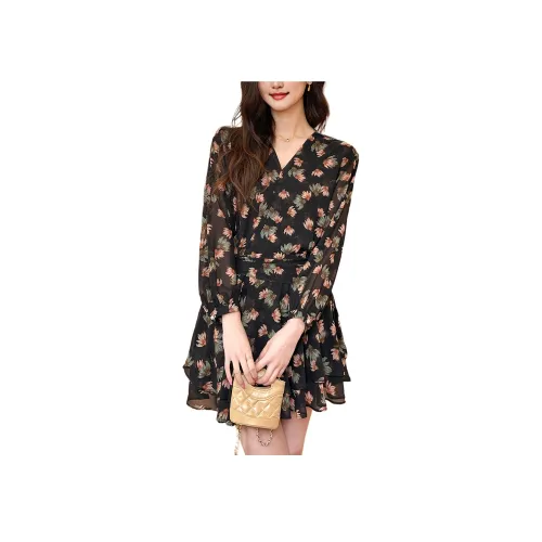 Wbwq Длинное платье с длинными рукавами женское черное с цветами