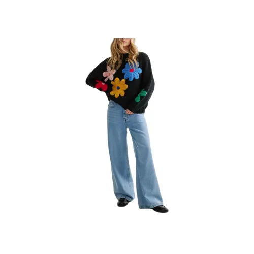 NASTY GAL Chunky KNIT Цветочный дизайн Детали Круглый вырез JUMPER Трикотаж Женские Черный