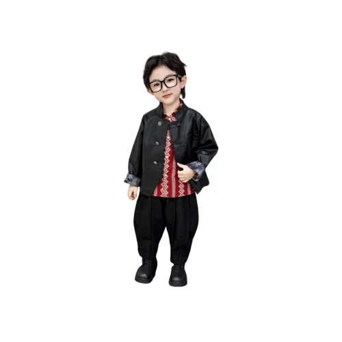 AIXINA Комплект одежды Черная кожа Куртка + Красная рубашка + Черные штаны Дошкольная Повседневная Спортивная одежда