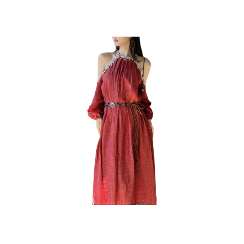 Wbwq Длинное платье с длинными рукавами женское бордового цвета