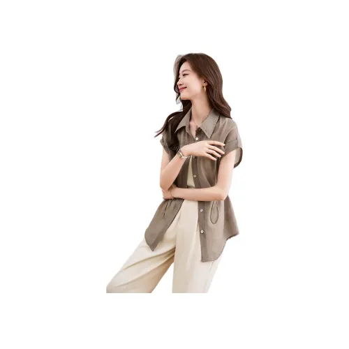 MOHANYIMEI Linen Brown Women's Shirts MOHANYIMEI Лен Коричневый Женские Рубашки