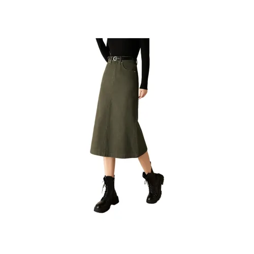 Mo Han Yi Mei Деним Длинная Юбка Женская Зеленая