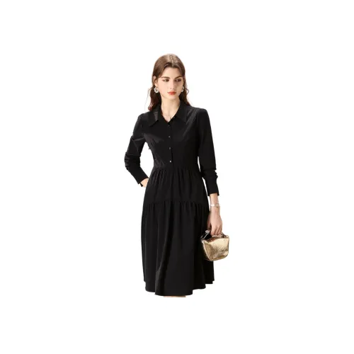 FENHONGMALI Длинное платье с длинными рукавами женское черное