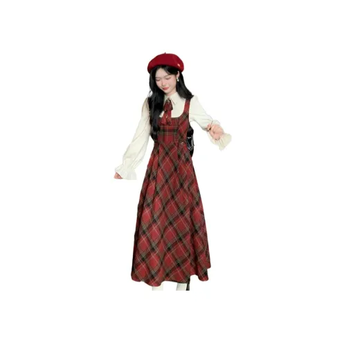 GORGEOUSIDEA Рубашка + Красная Юбка на Подтяжках Женские Комплекты с Юбкой