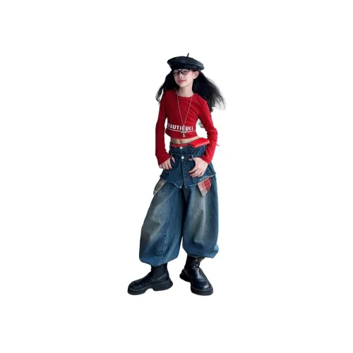 La Cergo Двойной пояс Клетчатый Карман Модный и Крутой Деним Длинный рукав Буква T Рубашка Повседневная Спортивная одежда Детская