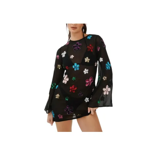 NASTY GAL Премиум Ручная отделка Цветочный дизайн Открытая спина Мини платье Длинный рукав Платье Женское Черное