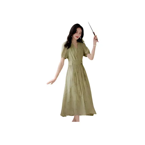 Mo Han Yi Mei SS24 Короткий рукав Платье Женское Гороховый зеленый