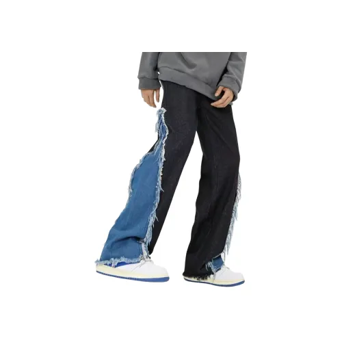 Черный, кисточка, пэчворк, цветовой блок, унисекс, джинсы