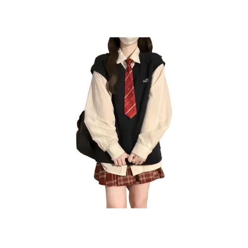 Mu Qingqing Белая рубашка + Галстук + Сатиновая юбка + Черный жилет Женские комплекты с юбкой