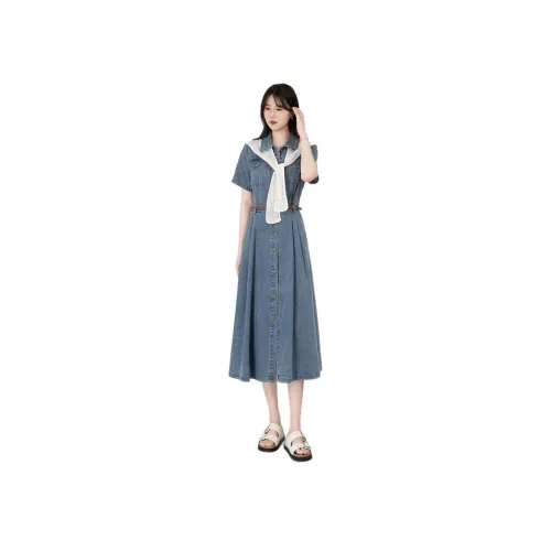 DOSOHEB Синий Женские Короткие Платья с Рукавами