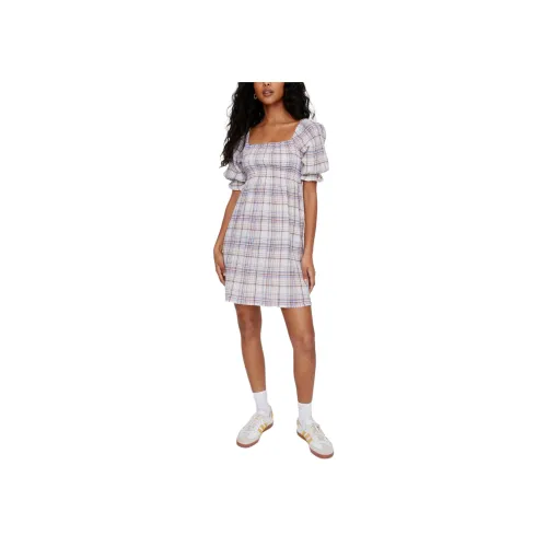 NASTY GAL Check PUFFED Рукав Milk Maid Платье Короткий Sleeved Платье Женские Многоцветный