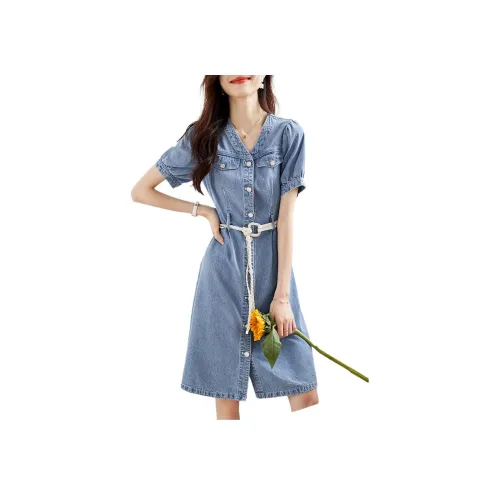 Mo Han Yi Mei Короткий рукав Платье Женское Джинсовый синий