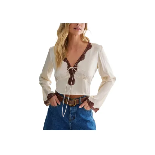 NASTY GAL Сатин Cutwork Длинный рукав Галстук Передний топ Рубашка Женская Шампанское