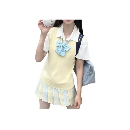 Yuerlian Желтый Майка + Короткий рукав Рубашка + Лазурь далёкого неба Боксер Галстуки-бабочки + Помело Платье Женские Комплекты с юбкой