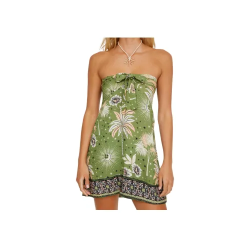 NASTY GAL Пальма Border Принт Бандо Галстук Передняя часть Мини Пляж Платье Без рукавов Платье Женские Хаки