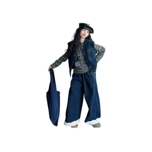 YUGUOGUO Одежда Комплекты Деним Жилет + Полосатый Базовый слой + Джинсы Школьный возраст Повседневная Спортивная одежда