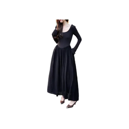 NANING9 Длинное платье с длинным рукавом женское черное