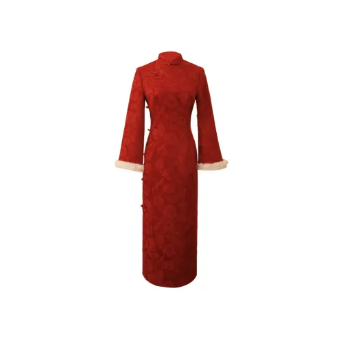 CXEGEGM Чонсам Осенний Зимний Флис С подкладкой Премиум Элегантность Свадебный Вечеринка Банкет Облегающий крой Винтажное Платье Женское