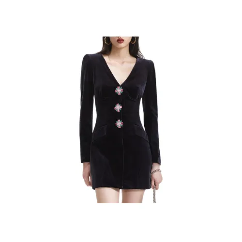 Self Portrait Длинное Платье с Длинными Рукавами Женское Классическое Черное