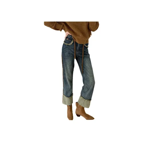 NANING9 Джинсы Женские Выстиранный Синий