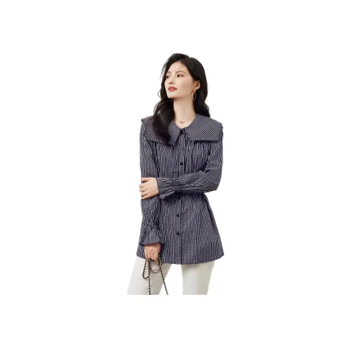 XINFEIYU Темно-синяя клетка Женские рубашки