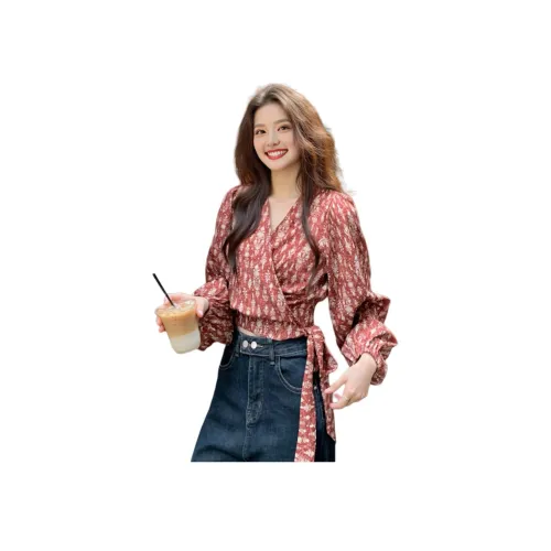 Wbwq Кирпично-красный Цветочный Женские Шифоновые Рубашки