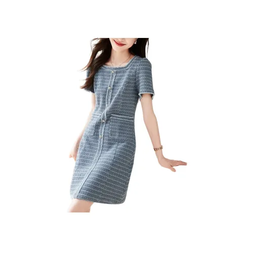 Mo Han Yi Mei Короткий рукав Платье Женское Джинсовый синий