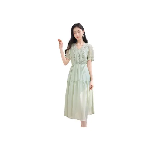 XIANGYING Фруктовый зеленый Женские Короткие Платья с Рукавами