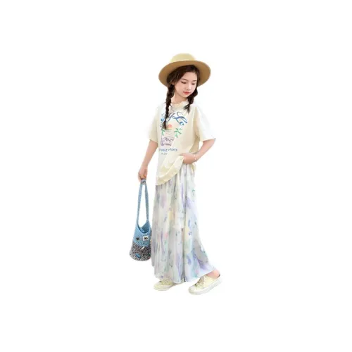 Wooden Rabbit Бежево-желтая рубашка T + фиолетовая смешанная юбка, комплект Kids с юбкой