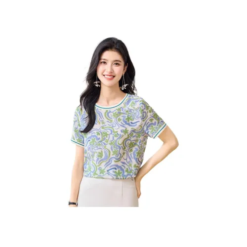 JINJU Синий и Зеленые полосы Женские футболки