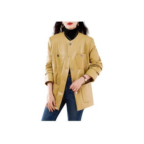 Yi Mengyuan Кожа Куртка Женская Имбирно-Желтая