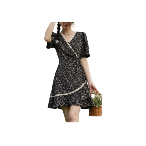 MISHOW Короткий рукав Платье Женское Дикий Цветочный Черный