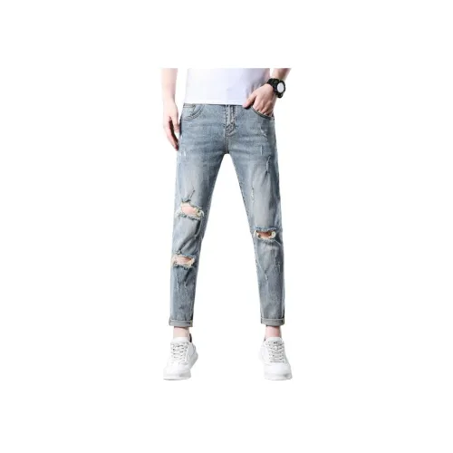 JIKENDI Blue Ankle Length Ripped Men's Jeans JIKENDI Синий Мужские Джинсы с разрывами длины Ankle