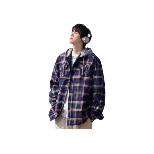 GET MAX GIFT Голубо-серый Клетчатый Без пуговиц Унисекс Рубашка