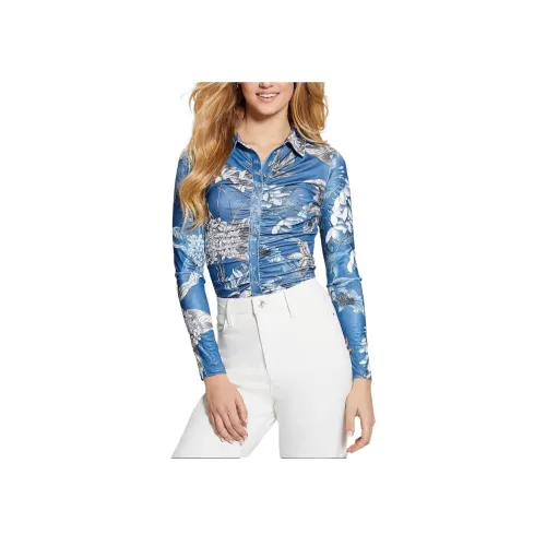 GUESS SS24 Milana Shirred Printed Blouse Рубашка Женская Синяя
