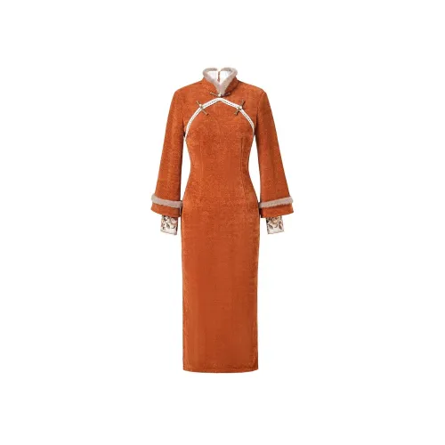 Красные цветные одежды Чонсам Женские Апельсин