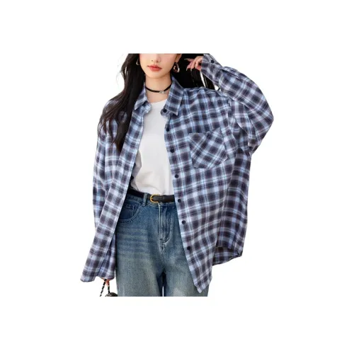 Cotton Gene Синие Клетчатые Женские Рубашки